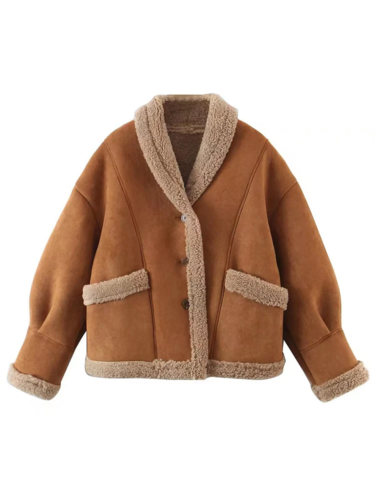 Ailegogo Autumn Winter Women Faux Suede Leather Lamb Fur Short Jacket Vintage Female Single Breasted Pocket Warm Coat Outwear