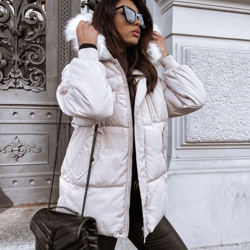 

Donsignet Thicked Fur Collar Hooded Padded Jacket for Women Winter New Long Sleeve Coat for Women