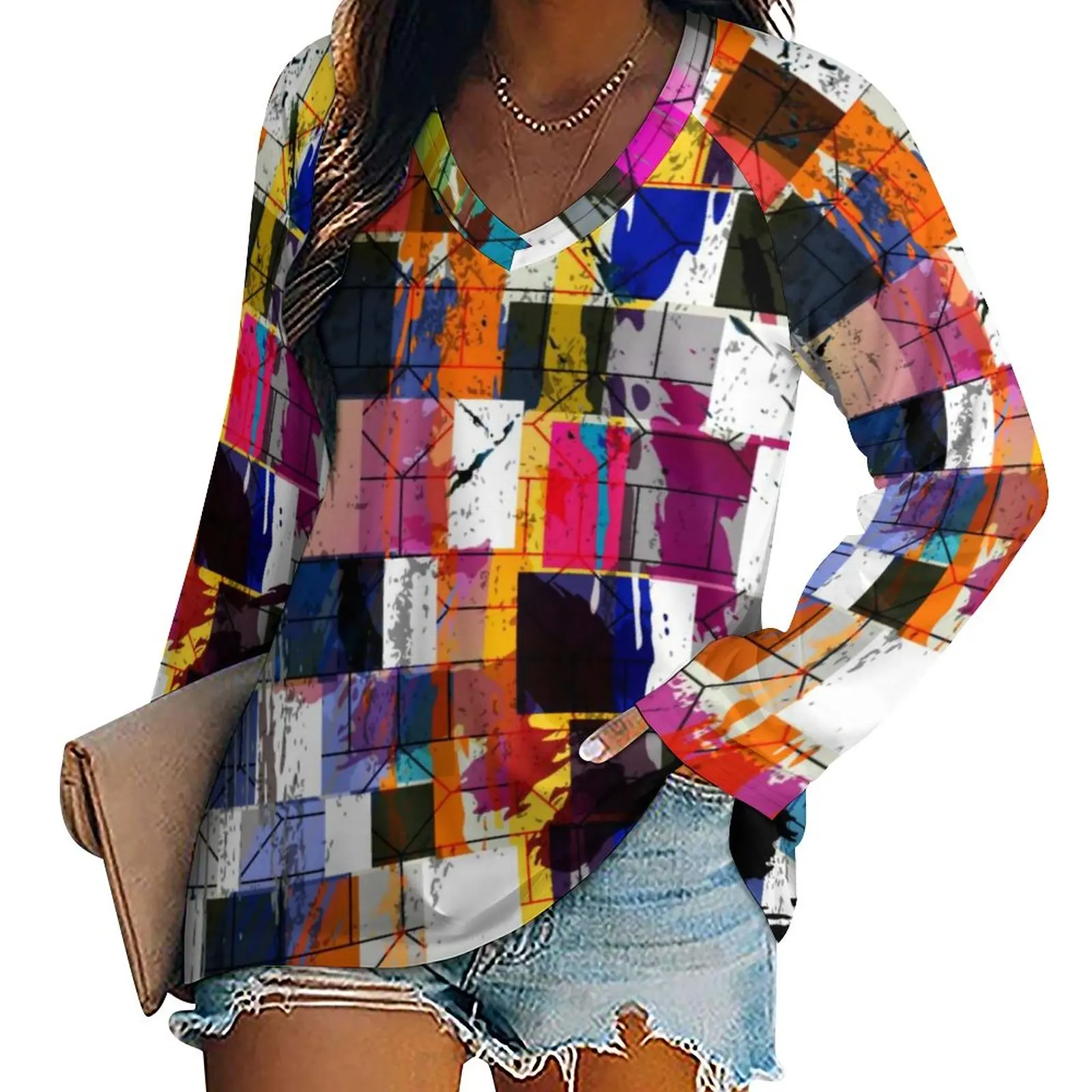 

Футболка женская разноцветная с длинным рукавом, Y2K, 3XL, 4XL, 5XL