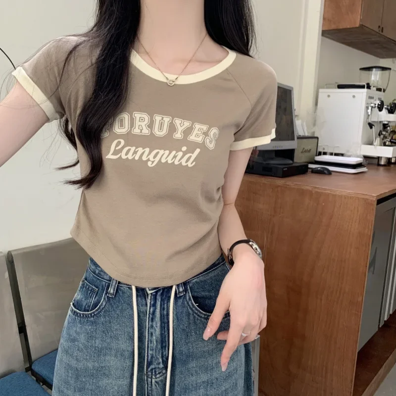 DXH-1B01-A Летняя приталенная футболка в корейском стиле с цветным принтом и круглым