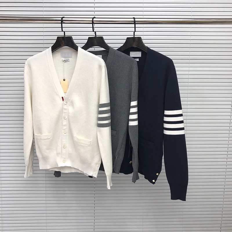 

TB THOM Men Women Sweaters Boutique Fashion Slim Fit V-Neck Cardigans Clothing Striped Cotton Spring and Autumn Casual TB Coat