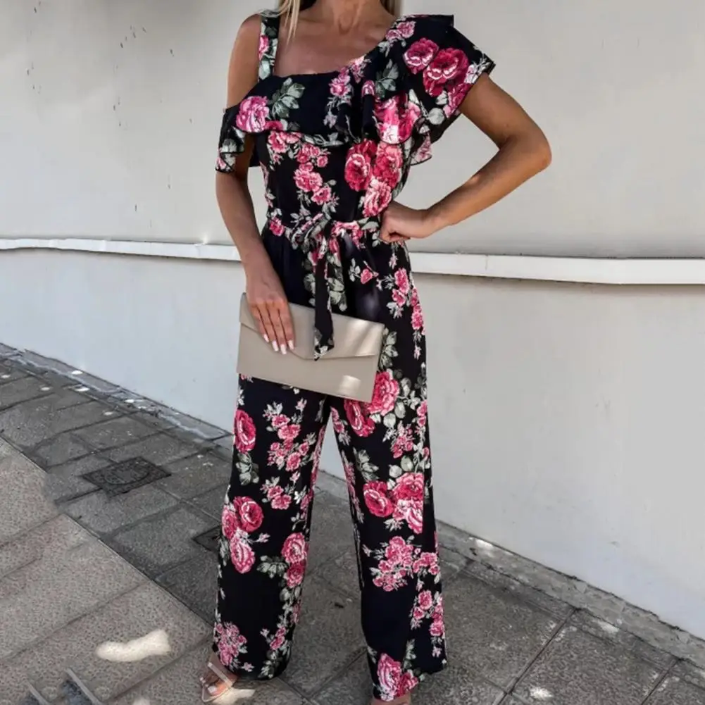 

Popular Jumpsuit Straight Pants Flounced Edge Tight Waist Soft Women Romper