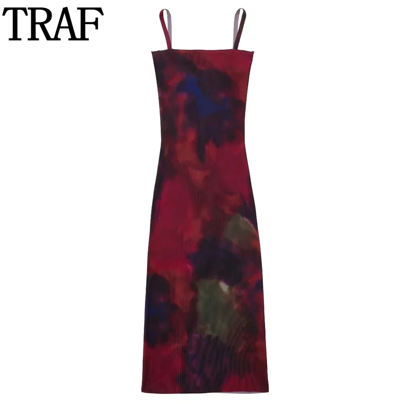 

TRAF 2023 Womens Print Long Dress Women Tie Dye Bodycon Midi Dresses Woman Sleeveless Slip Dress Summer Sexy Backless Dress