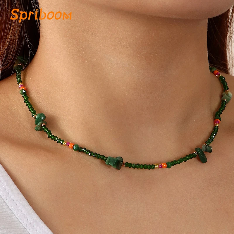

Vintage Green Beaded Necklaces Bracelet Irregular Stones Beads Bohemian Crystal Choker Necklace Luxury Jewelry for Women Gifts