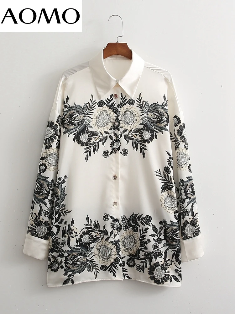 

AOMO 2022 Women Oversized Flowrs Print Blouse Long Sleeve Chic Female Office Lady Shirt 1D92A