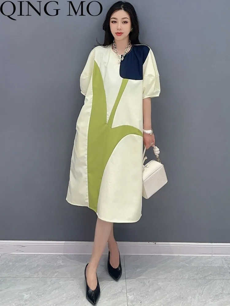 

QING MO 2023 Summer New Casual Color Block Half Sleeve Floral Dress Women Shows Slim Decreases Age Dress Black Green ZXF2531