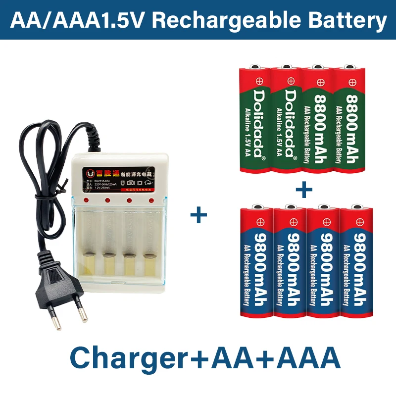 

New AA rechargeable battery 9800mah/8800mah 1.5V New Alkaline Rechargeable batery for led light toy mp3 with charger