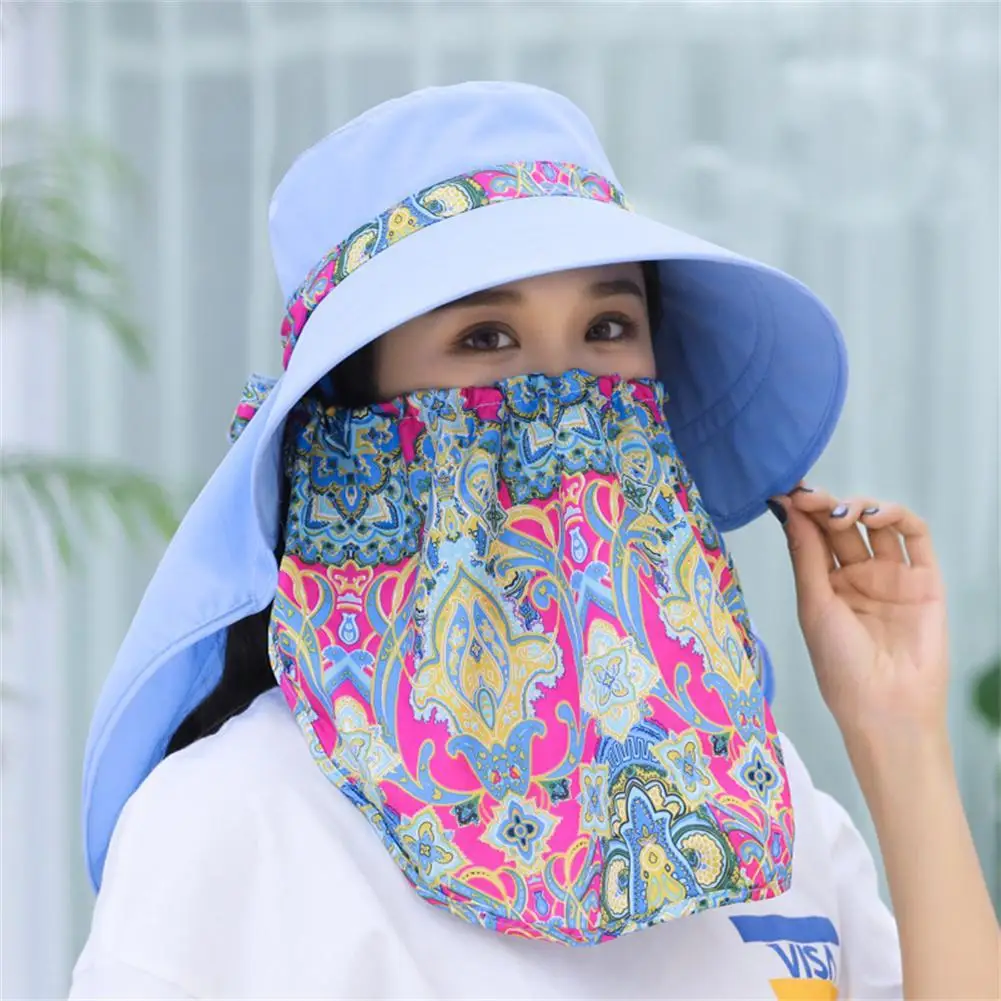 

Fashion Women Summer Outdoor Riding Anti-UV Sun Hat Beach Foldable Sunscreen Floral Print Caps Neck Face Wide Brim Hat