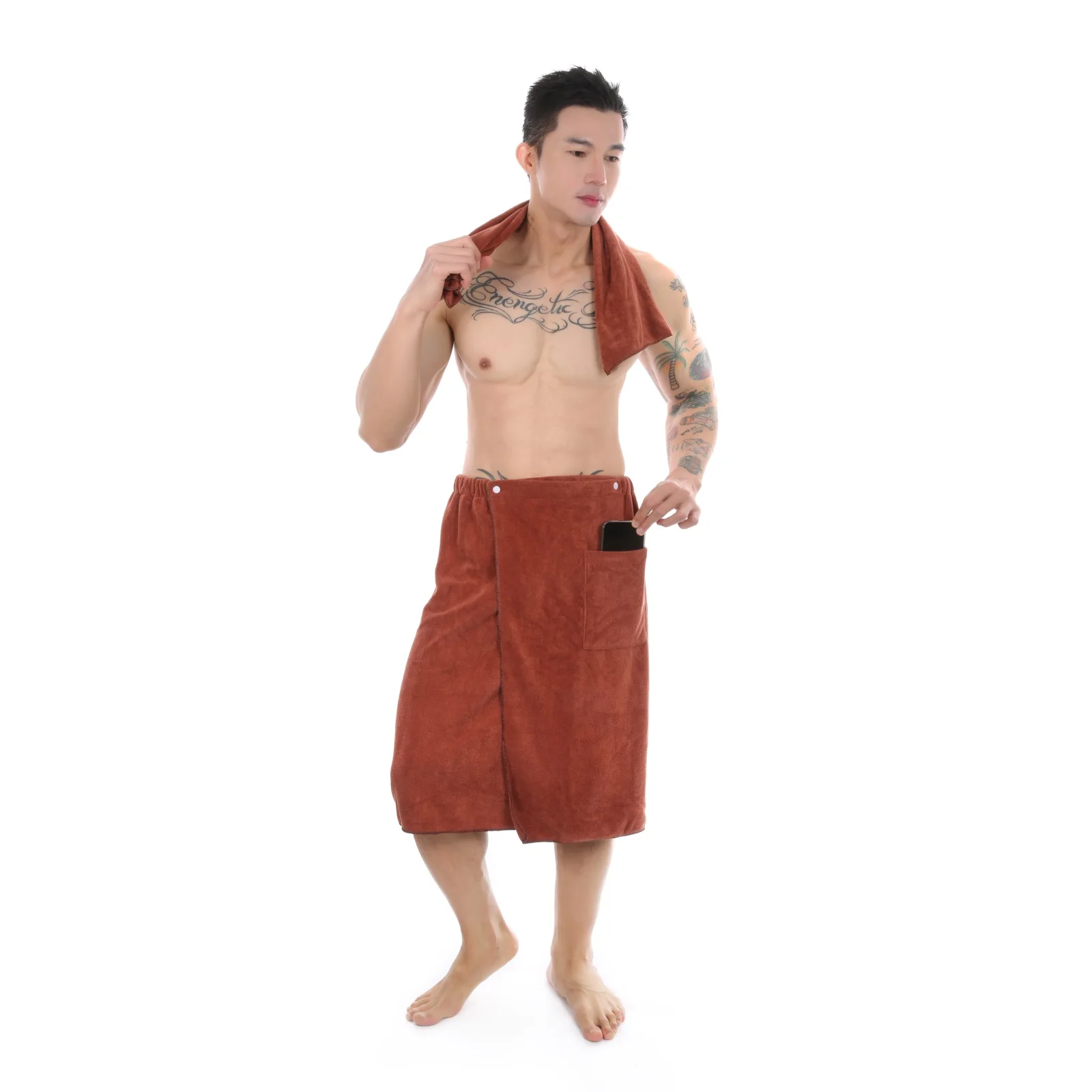Men's Soft Bathrobe Wearable Bath Towel With Pocket Comfy Sports Gym Swimming Beach Blanket Shower Skirt Bath Set 2 PCS