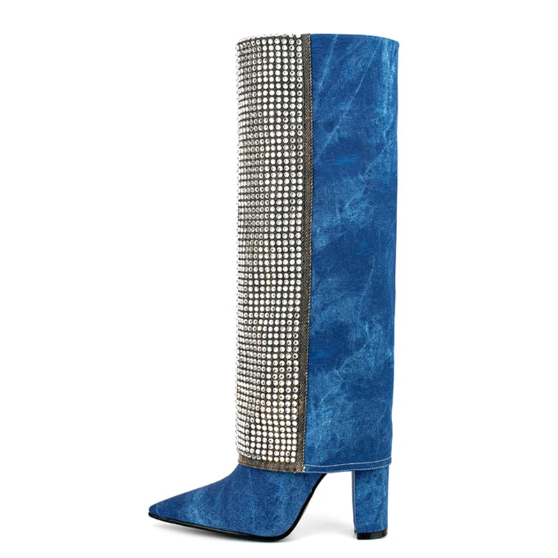 

Denim Diamonds Patchwork Overlay Booties Women's Shiny Rhinestone Knee High Boots Blue High Chunky Heel Shoes Large Size 45