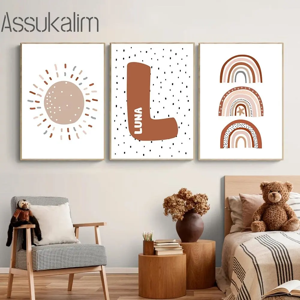 

Custom Name Print Pictures Sun Rainbow Art Prints Love Heart Painting Poster Cloud Wall Art Nursery Posters Kids Room Decoration