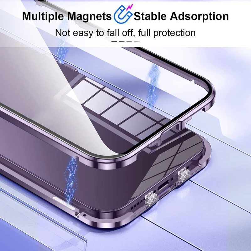 Magnetic Adsorption Metal Snap Lock Case For iPhone 14 13 12 11 Pro Max Double Sided Glass Shockproof Full Lens Protect Cover
