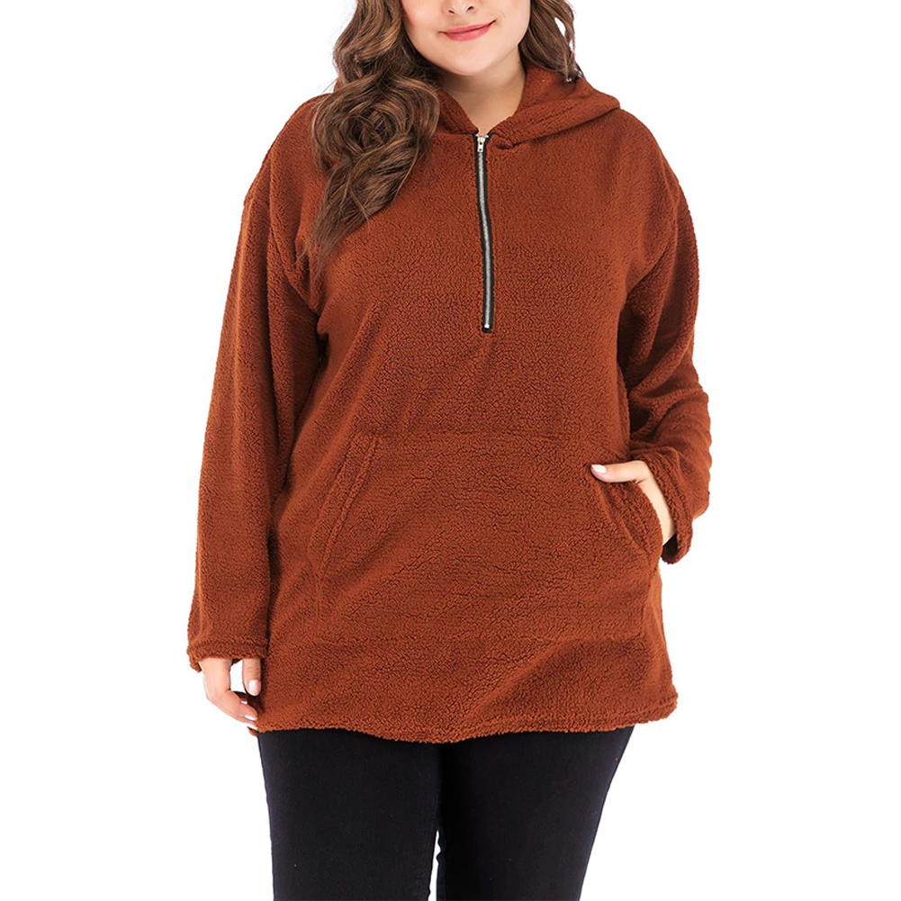 

Women Plus Size Lamb Wool Long Sleeve Hooded Sweatshirt Soild Tops Pullover Autumn Winter Vintage Hoodied Large Size Female Tops