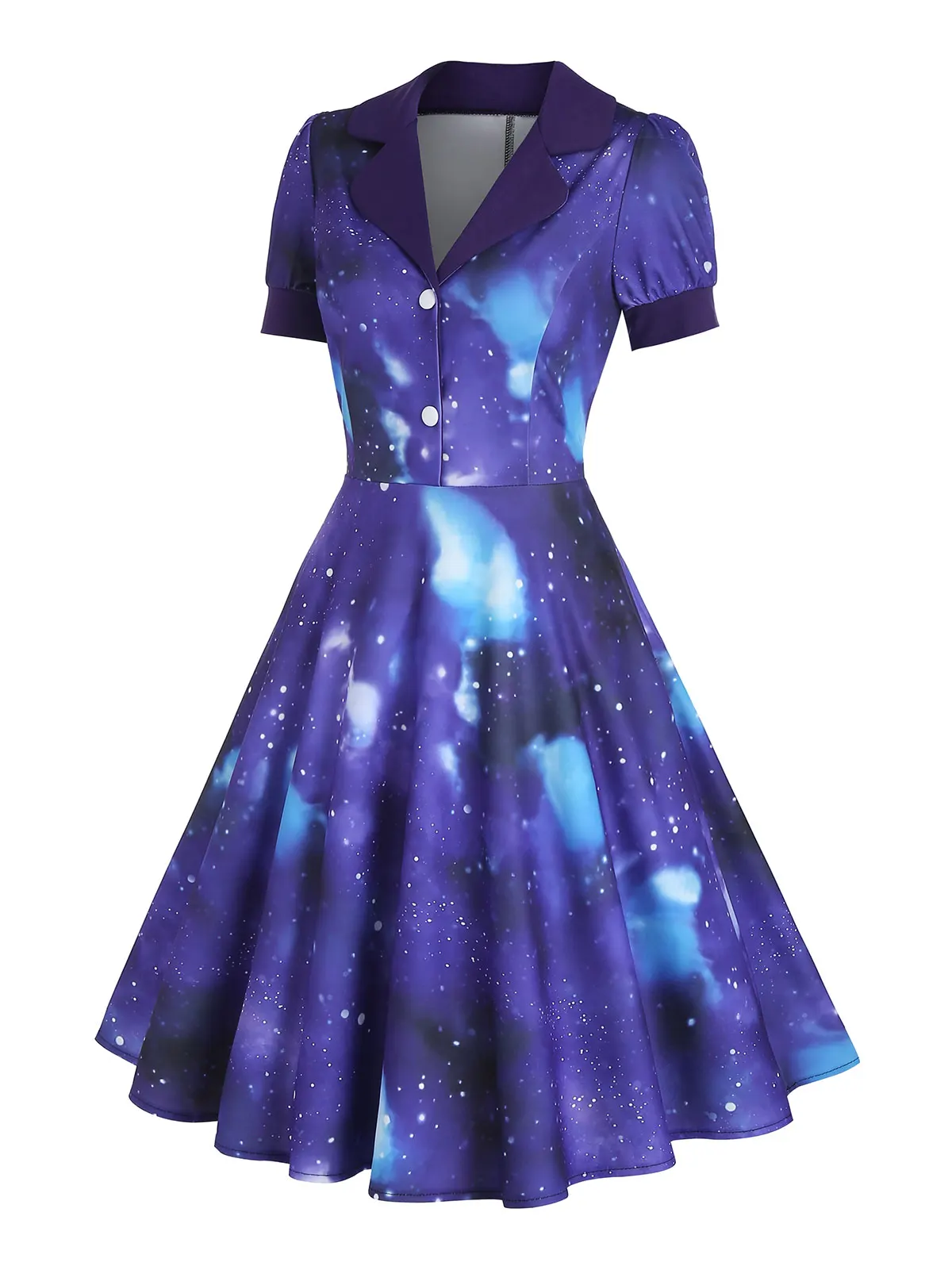 

Galaxy Print Lapel Button Front Vintage Dress Printed Fit And Flare Dresses