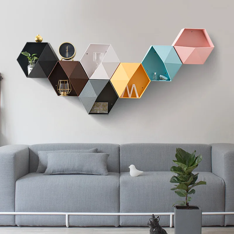 Flower pot wall hanging Nordic style creative combination wall decoration living room bedroom geometric hexagonal wall shelf