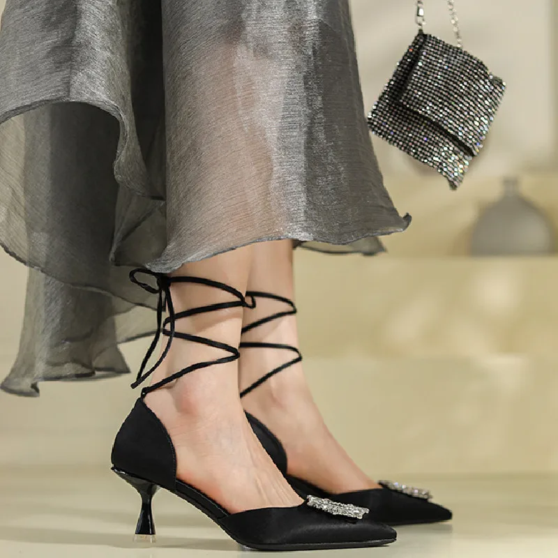 

Rhinestone Buckle Stiletto Pumps Ankle Strap Pointed Toes Zapatos Mujer Women Dress Party Shoes Fashion Lace Up High Heels