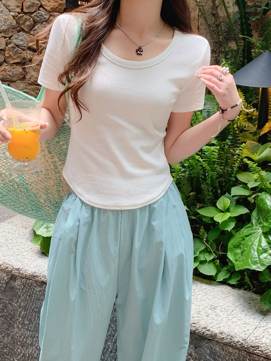U-Collar Short sleeve T-shirt Women 2024 New Popular Summer White Curved Hem Orange Slimming Shoulder Short Top