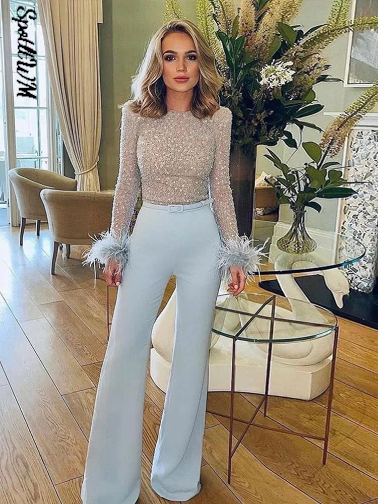 

Women Causal Feather-paneled Sequined Faux Pearl Jumpsuit 2022 Spring Elegant Long Sleeve Top Flared Trousers Two Piece Sets