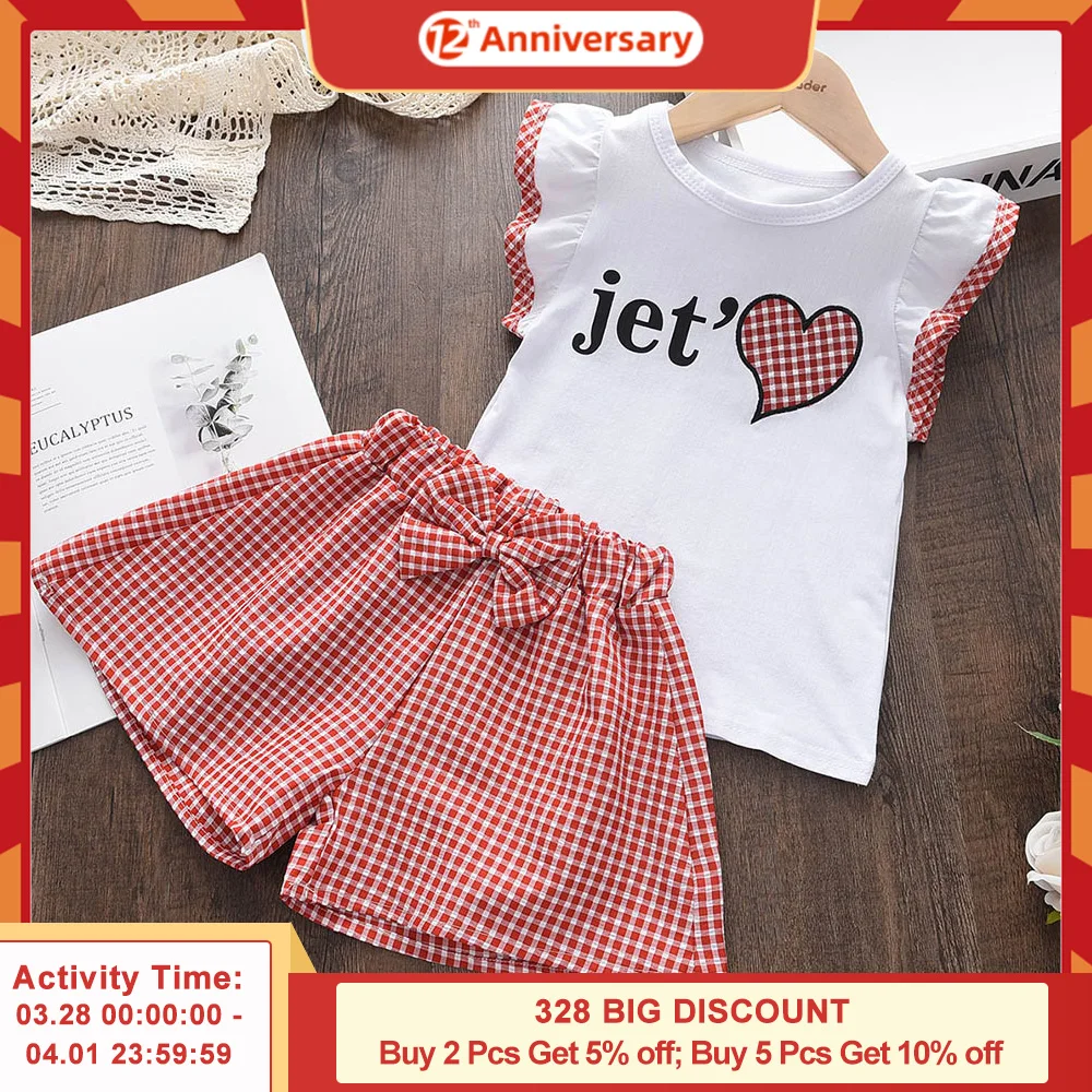 

Keelorn Baby Girls New Clothes Suits 2022 Summer Love Plaid Print Toddler Girl Kids Clothes Tshirt Tops Waistband Pants Set 2-6Y