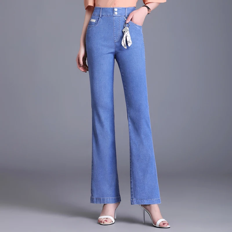 

Женские джинсовые расклешенные брюки ZUZK, тонкие летние облегающие брюки в Корейском стиле с эластичным поясом, повседневные джинсы для показа