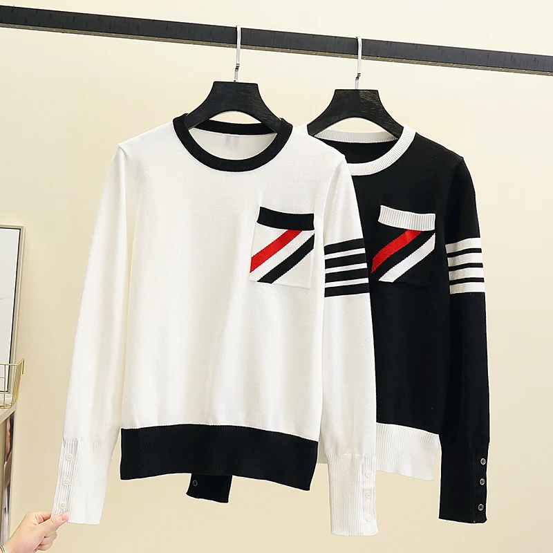 Женский трикотажный свитер в полоску повседневный классический стиле ретро с