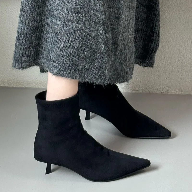 Ботильоны женские Стрейчевые из флока заостренный носок без застежки