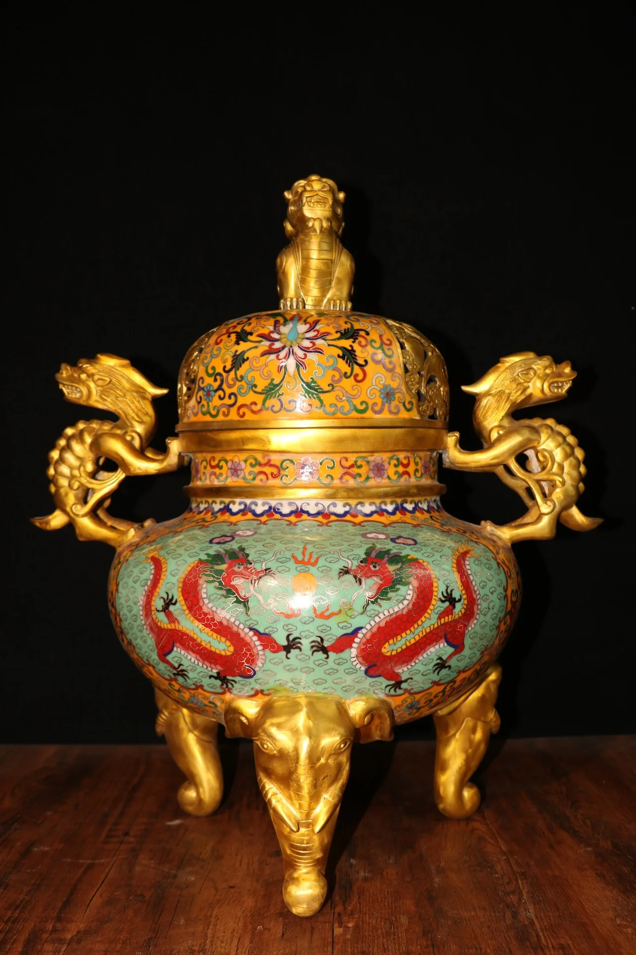 24Tibetan Temple Collection Old Bronze Cloisonne Brave Troops Unicorn Two-ear Dragon pattern Three-legged Incense Burner