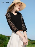 i believe you lace half sleeve fashion blouse for women 2022 summer slim knitted tops embroidery elegant female tops 2221014313