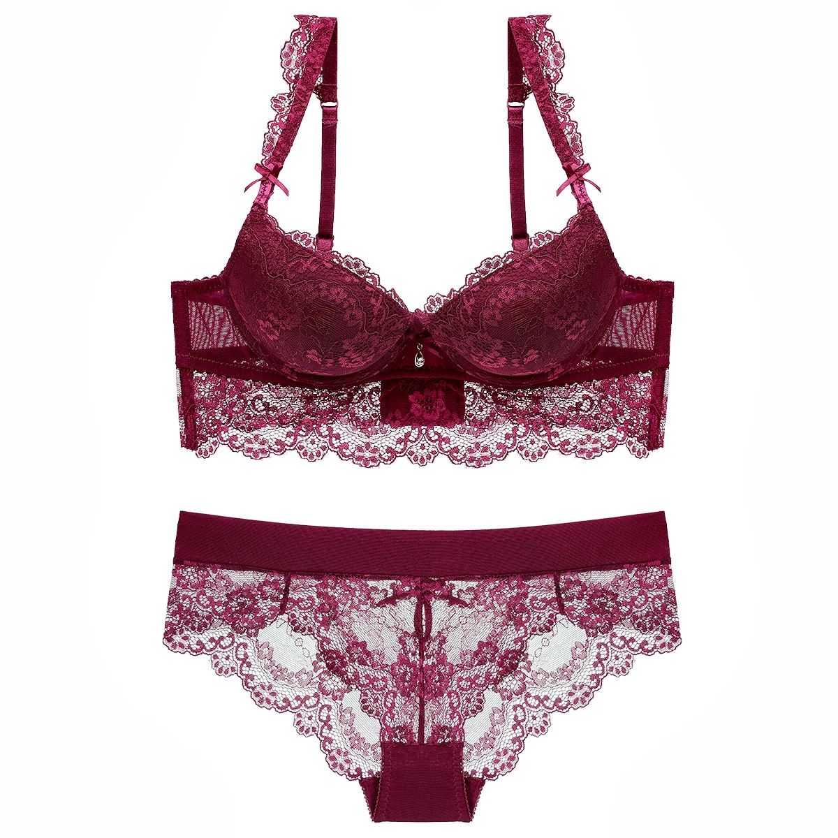 

Europe Sexy Lace Flowers Embroidery Bra Set Adjustable Women Underwear Push Up Bras Romantic Burgundy Plus Size Lingerie Panties