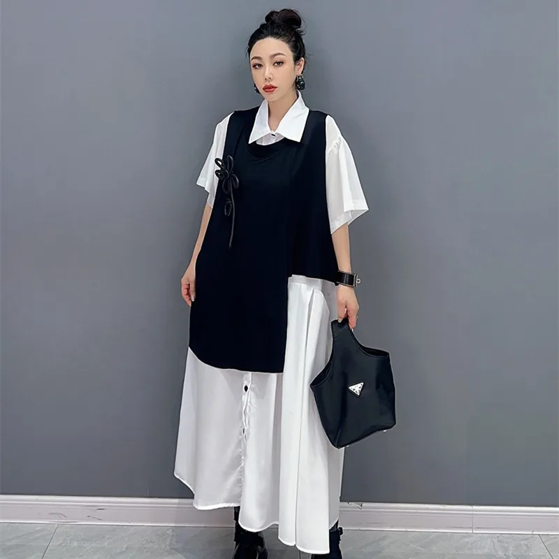 

Уличная одежда, комплект одежды из 2 предметов, Летний жилет и платье-рубашка, женское свободное платье большого размера, костюм, летнее платье