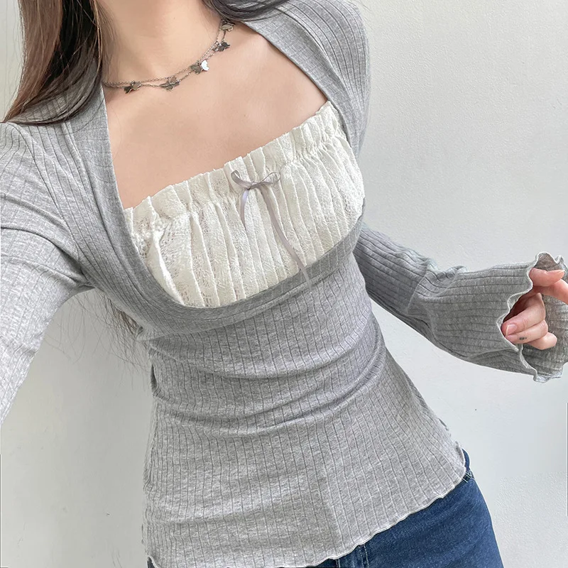 

Women's 2023 Gentle Square Neck Contrast Panel Pleated Lace Up Lace T-shirt Minimalist Slim Fit Slim Trendy Slim Sleeve Top