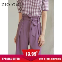 ziqiao japanese women solid color wide leg trousers bow tie belt decorative trousers
