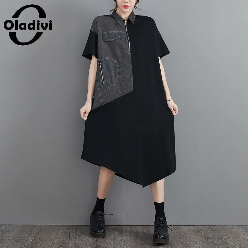 

Oladivi, одежда большого размера, модные женские джинсовые платья в стиле пэчворк, Новинка лета 2022, повседневные свободные асимметричные плать...