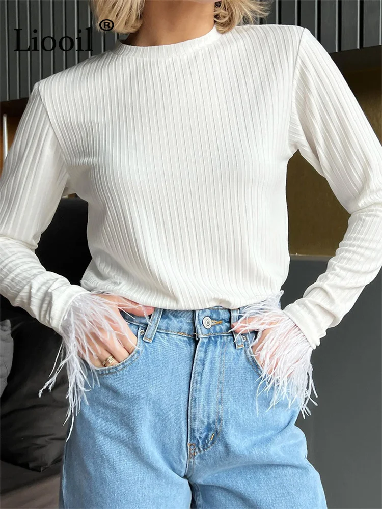 

Liooil Black White Knit Ribbed Feather T Shirts Long Sleeve Knitting Pull Tops 2023 New In Knitwears Autumn Winter Bodycon Tops