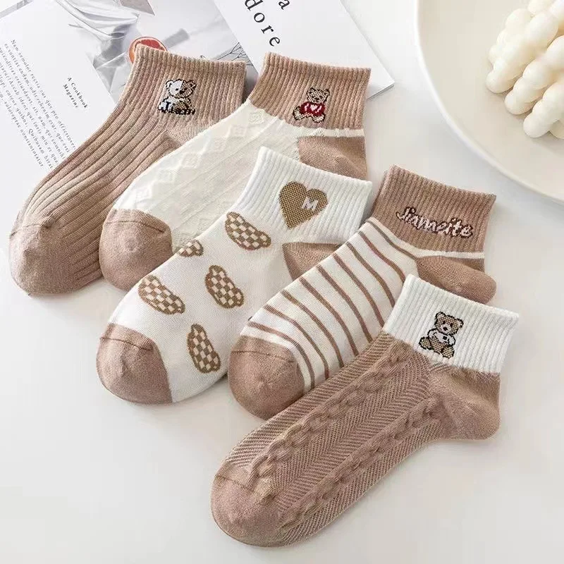 5 Pairs Cute Women Socks Harajuku Polyester Cotton Low Tube Women's Socks Summer Casual Breathable Japanese Style Cartoon Socks