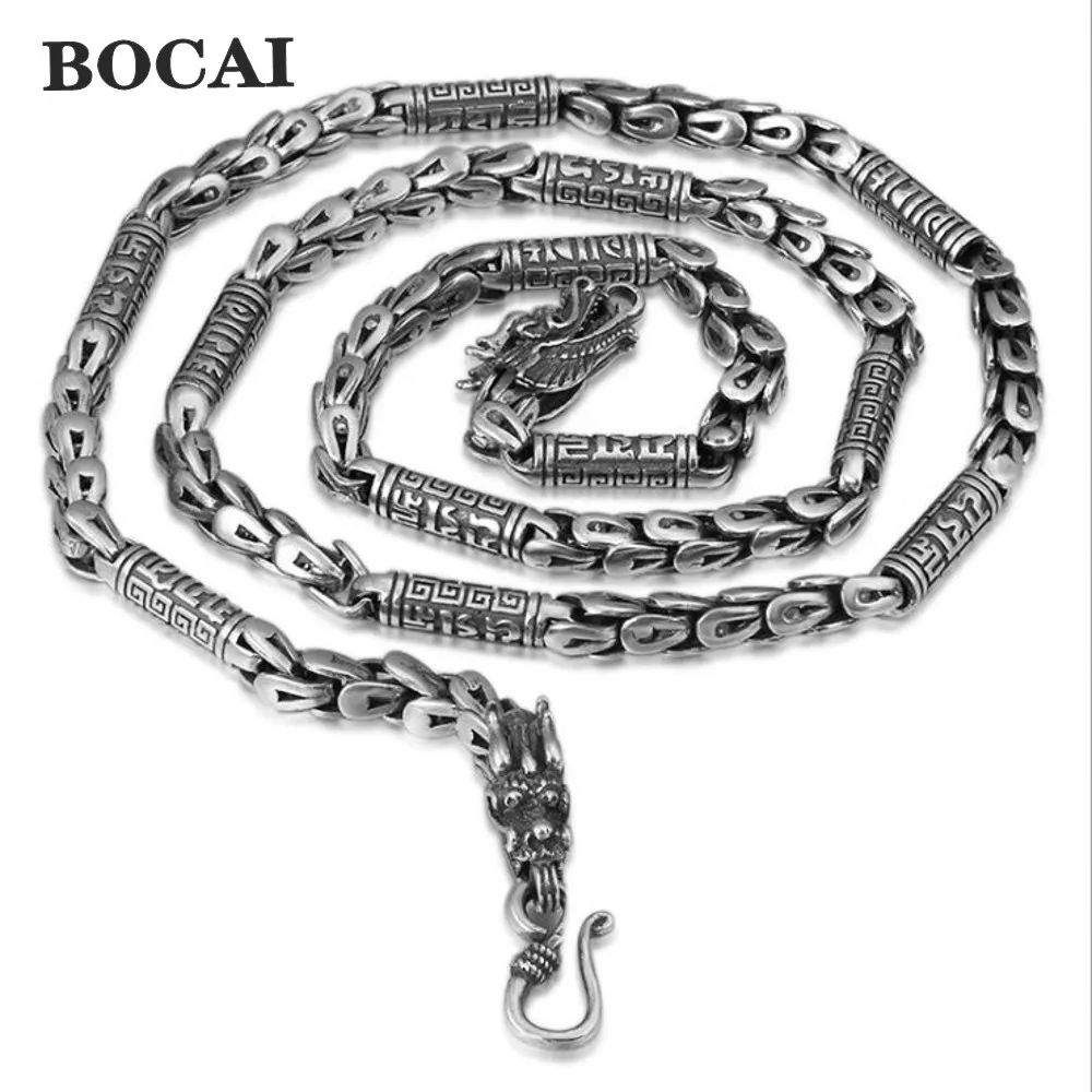 BOCAI New Real S925 Silver Jewelry Retro 5MM Mighty Dragon Scales Mantra Personality Double-Headed Man Necklace Birthday Gift
