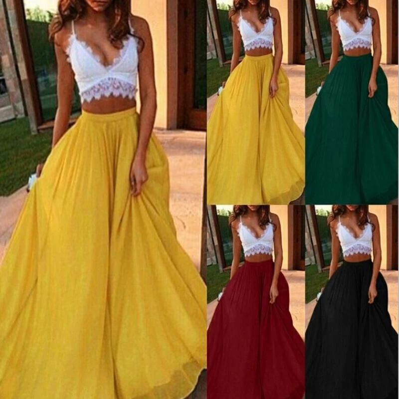 

Chiffon Long Skirt Elegant Skirt Solid Color Summer Autumn Women'S High Waist Double A-Line Boho Style Beach Maxi Skirts Saias
