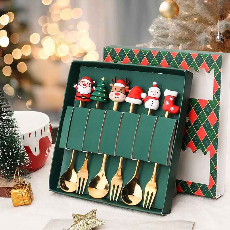 

4/2PCS Christmas Gift Glod Spoon Fork Set Elk Christmas Tree Decoration Dessert Scoop Fruit Fork Coffee Spoon Cutlery Set