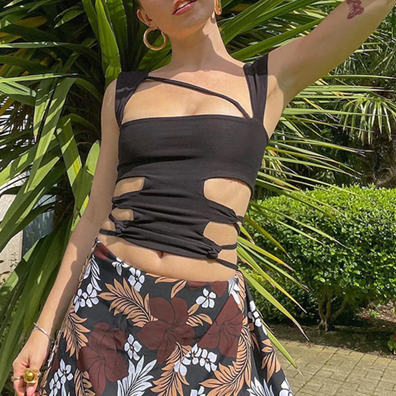 

Женский Асимметричный топ на бретелях, черный однотонный бандажный Топ без рукавов с открытой спиной, Клубная уличная одежда, для лета