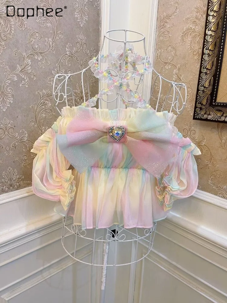 Красивая Милая женская блузка с радужным градиентом и блестками бантом Love Diamond