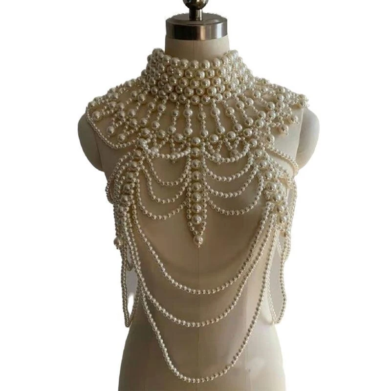 

Women Vintage Multi Strands Faux Pearl Body Statement Necklace Adjustable High Collar Bib Handmade Jewelry Shoulder Chain for