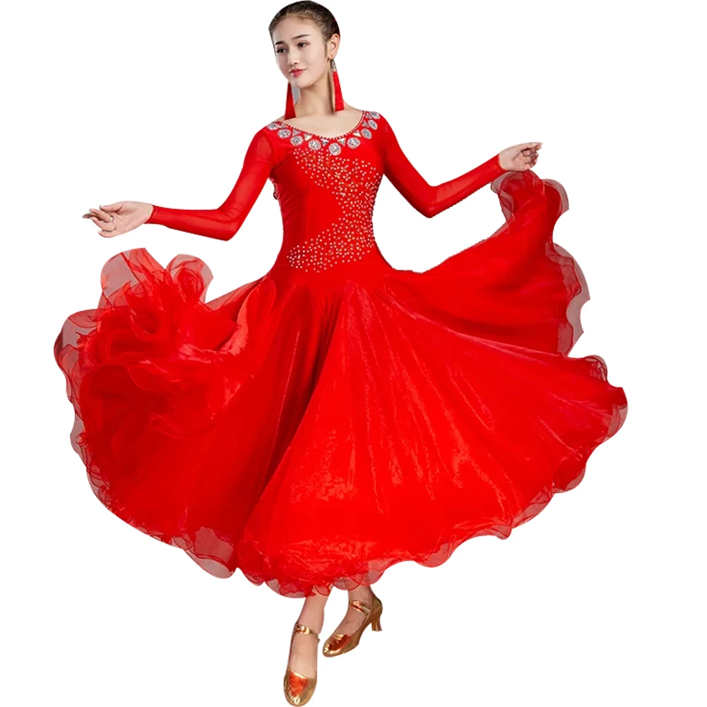 

New Red rhinestones Ballroom dance competition dress standard dresses modern dance costume tango waltz dancing dress