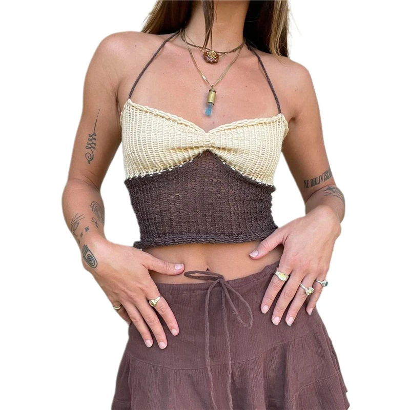 

y2k Crochet Knitted Crop Top Women Hollow Out Sleeveless Backless Halter Neck Camisole Vest Beach Going Out Tanks Streetwear