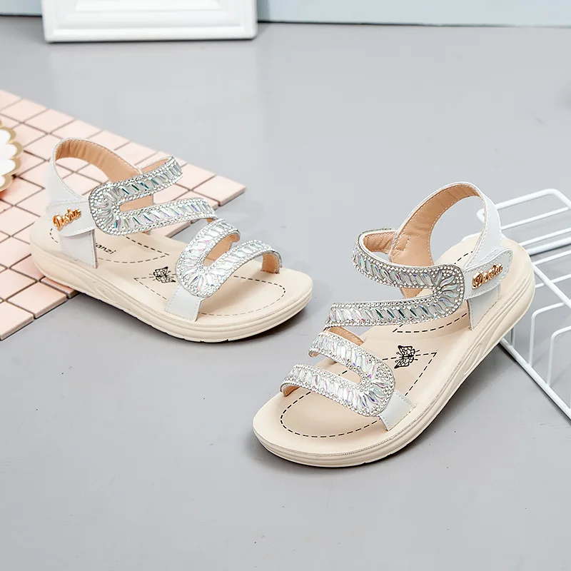 2022 Summer Fashion Girls Princess Sandals Leather Shoes Rhinestone Sequins Flat Roman Sandals Thick Bottom Non-slip Beach Shoes