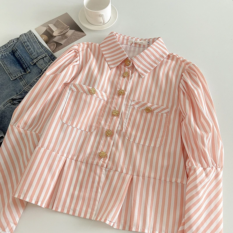 Блузка женская однобортная в полоску мягкая винтажная рубашка с отложным