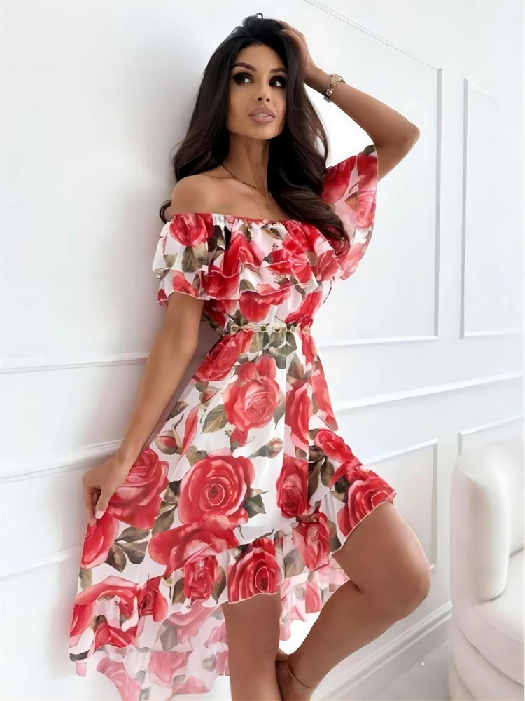 

Summer Sexy Off Shoulder Floral Print Midi Dress Women 2023 Casual Ruffles Splic High Waist Boho Elegant Party Dresses Vestidos