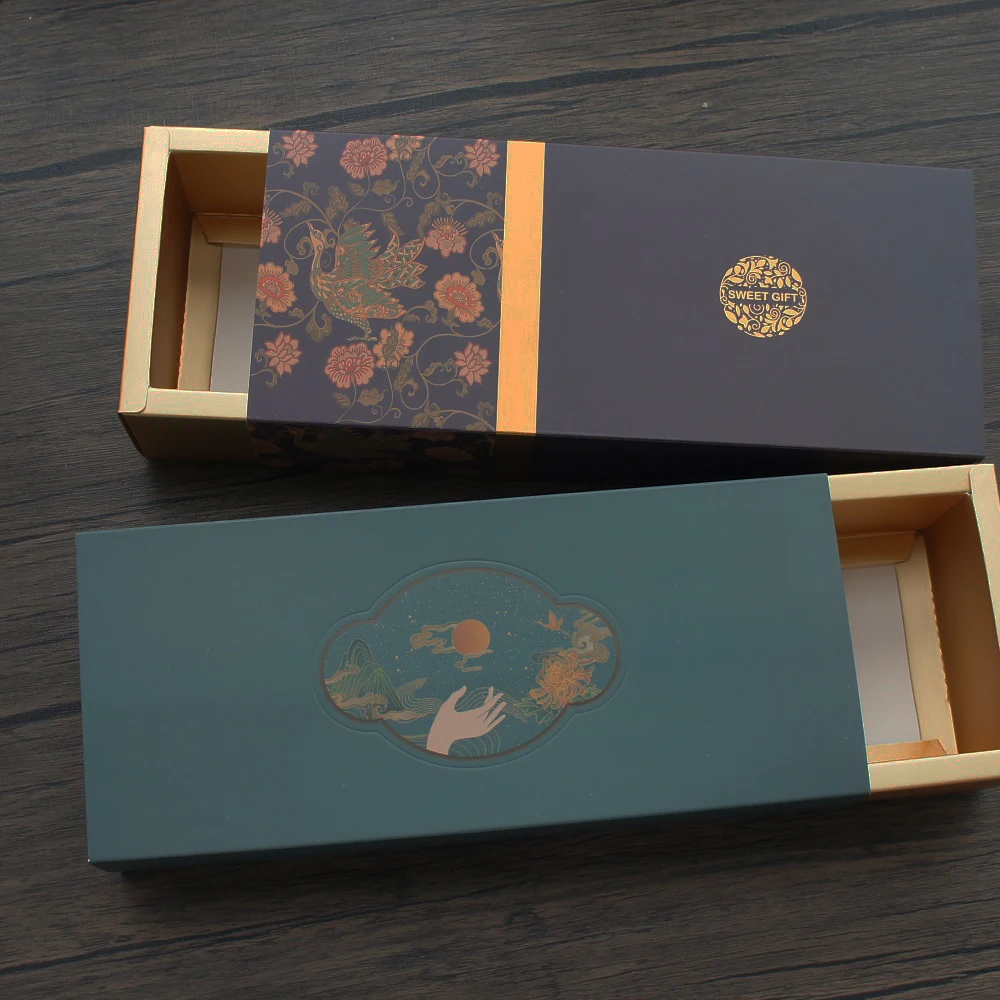 

24.7*10.5*5.6cm 5pcs Gold Chinese Ancient Paintings Paper Box As Macaron Chocolate Cookie Candy Party Gifts Packaging