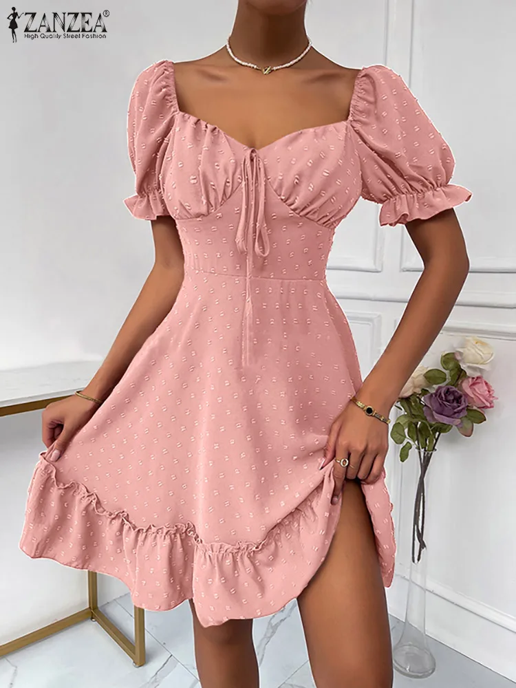 

ZANZEA Women Bohemian Solid Knee Dress Sexy Square Collar Vestido Summer Ruffled Party Dress 2022 Casual Robe Holiday Sundress