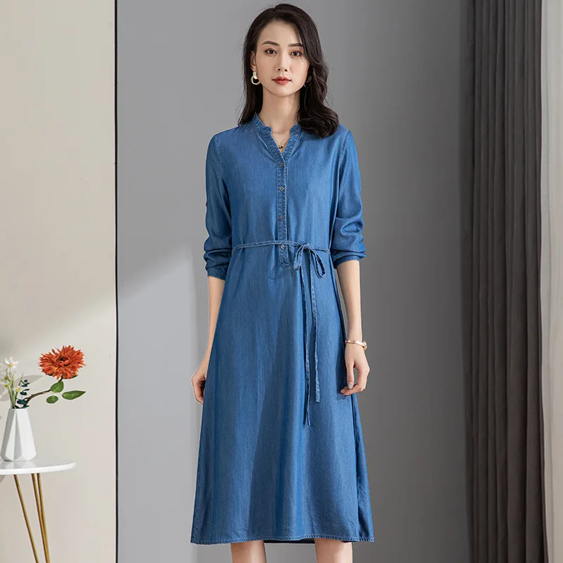 Tian Si Denim Skirt Spring and Autumn New Women's Long Sleeve Lined Dress Mid length Lace up Slim Dress