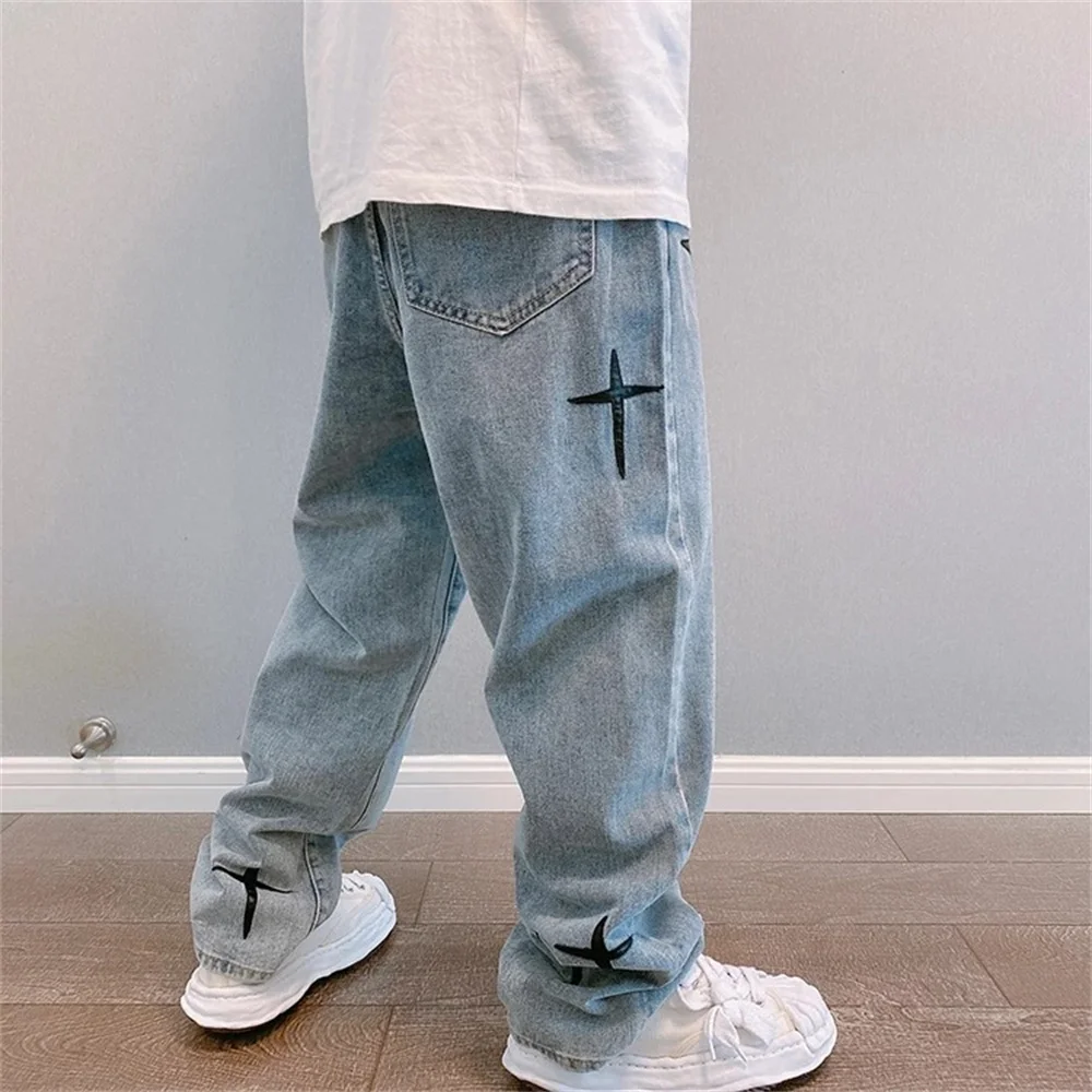 Embroidered Jeans Men Straight Loose Wide-leg Pants Spring and Autumn Korean Fashion High Street Hip Hop Style Male Trousers New